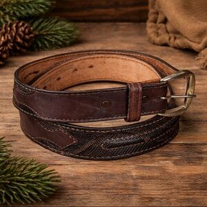 VTG Tex Tan Western Tooled Full Grain Lizard Brown Leather Belt Size 32